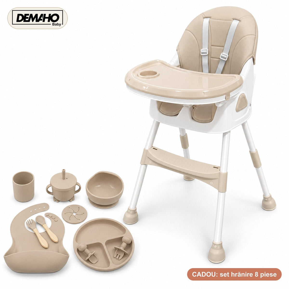 Scaun de Masă pentru Bebeluși DEMAHO Baby, 2 Înălțimi, Pliabil, Tăviță Detașabilă, Centură de Siguranță + CADOU Set Hrăn