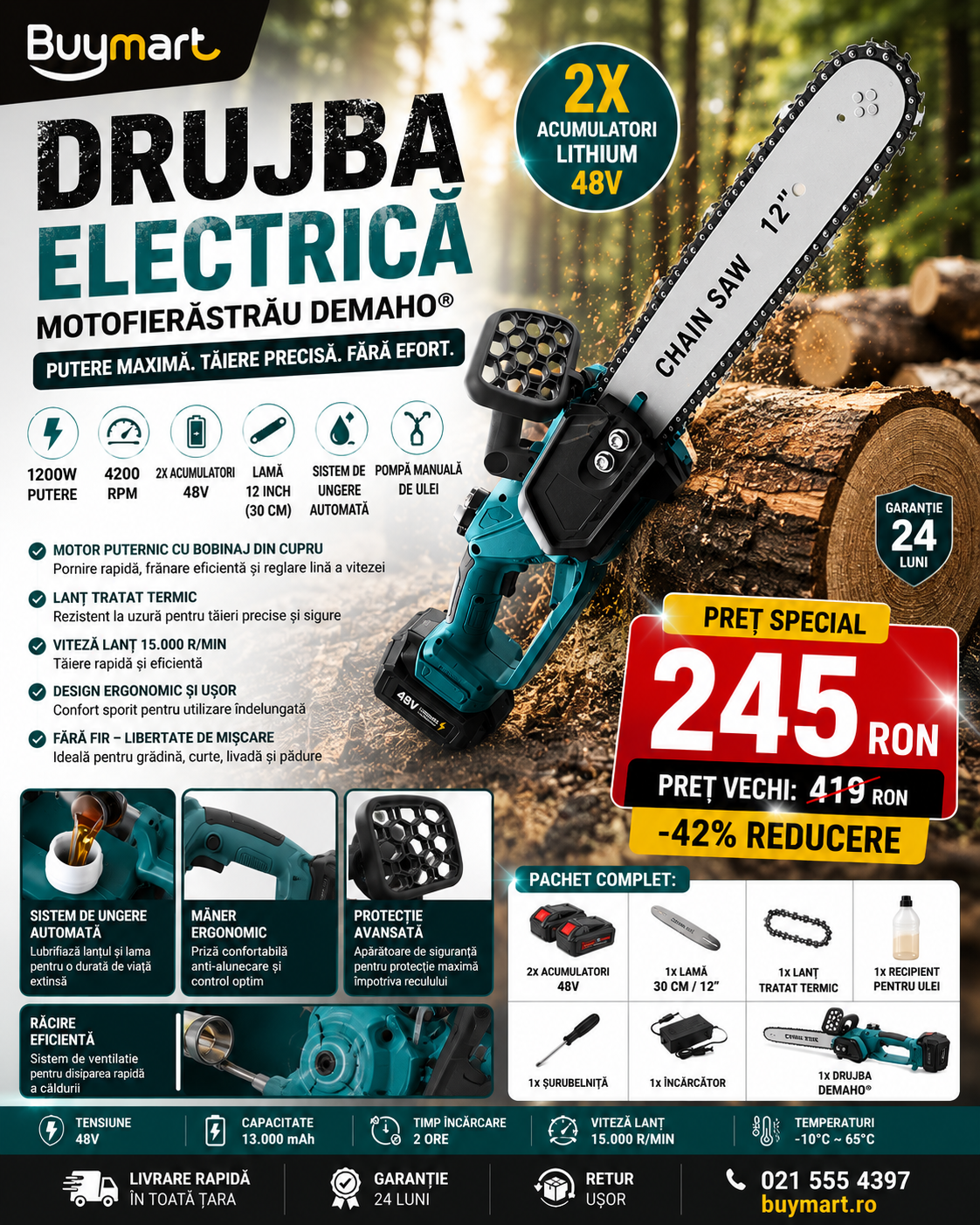 Drujba Electrică - Motofierăstrău DEMAHO®, 1200W, Lamă 12 inch, 2 Acumulatori 48V, 4200 RPM, Sistem de Ungere Automată și Pompa Manuală de Ulei
