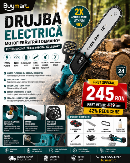 Drujba Electrică - Motofierăstrău DEMAHO®, 1200W, Lamă 12 inch, 2 Acumulatori 48V, 4200 RPM, Sistem de Ungere Automată și Pompa Manuală de Ulei