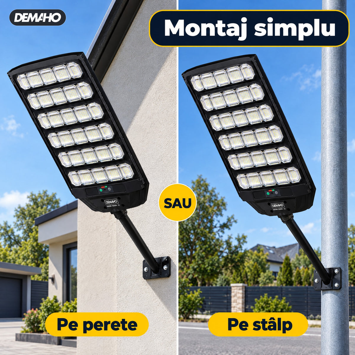 Lampă Solară Stradală DEMAHO Zenith 1600W – LED 120.000 lm, IP66, Telecomandă, Senzor de Mișcare și Lumină
