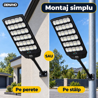 Lampă Solară Stradală DEMAHO Zenith 1600W – LED 120.000 lm, IP66, Telecomandă, Senzor de Mișcare și Lumină