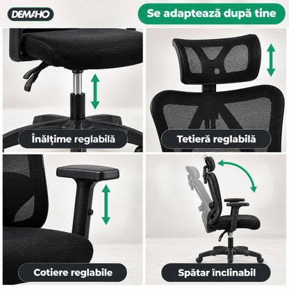 Scaun Ergonomic de Birou DEMAHO, Spătar Mesh Respirant, Suport Lombar Reglabil, Tetieră și Cotiere Reglabile, Rotativ, Negru