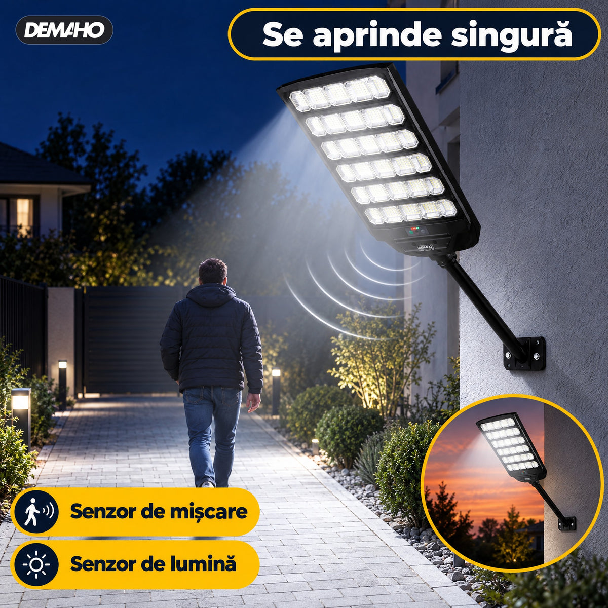 Lampă Solară Stradală DEMAHO Zenith 1600W – LED 120.000 lm, IP66, Telecomandă, Senzor de Mișcare și Lumină