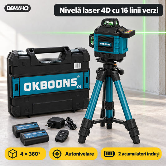 Nivela Laser Profesională OKBOONS 4D 16 Linii 360° cu Linii Verzi - 2 Baterii Li-ion, Telecomandă + Trepied, Servietă Transport